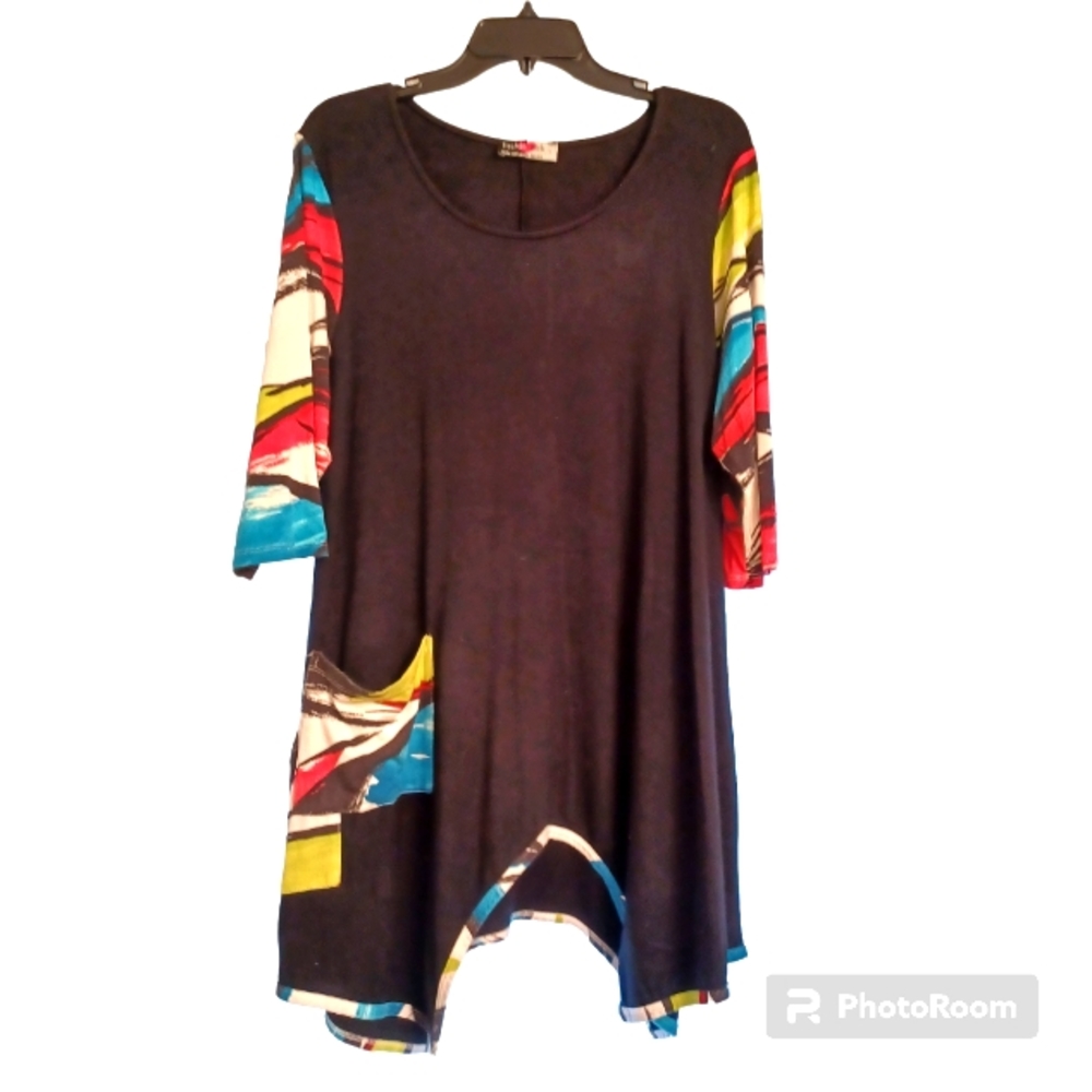 IINSIDE OUT Women's Black Stretch Long Tunic Colorful Sleeves Large